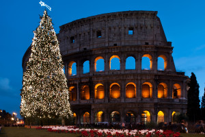 Image of Rome's coliseum famous ancient arena with Christmas tree